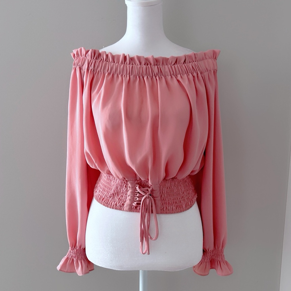 Blashe Off-Shoulder Pink Smocked Blouse Lace up Romantic Puff Sleeve Top, Size M